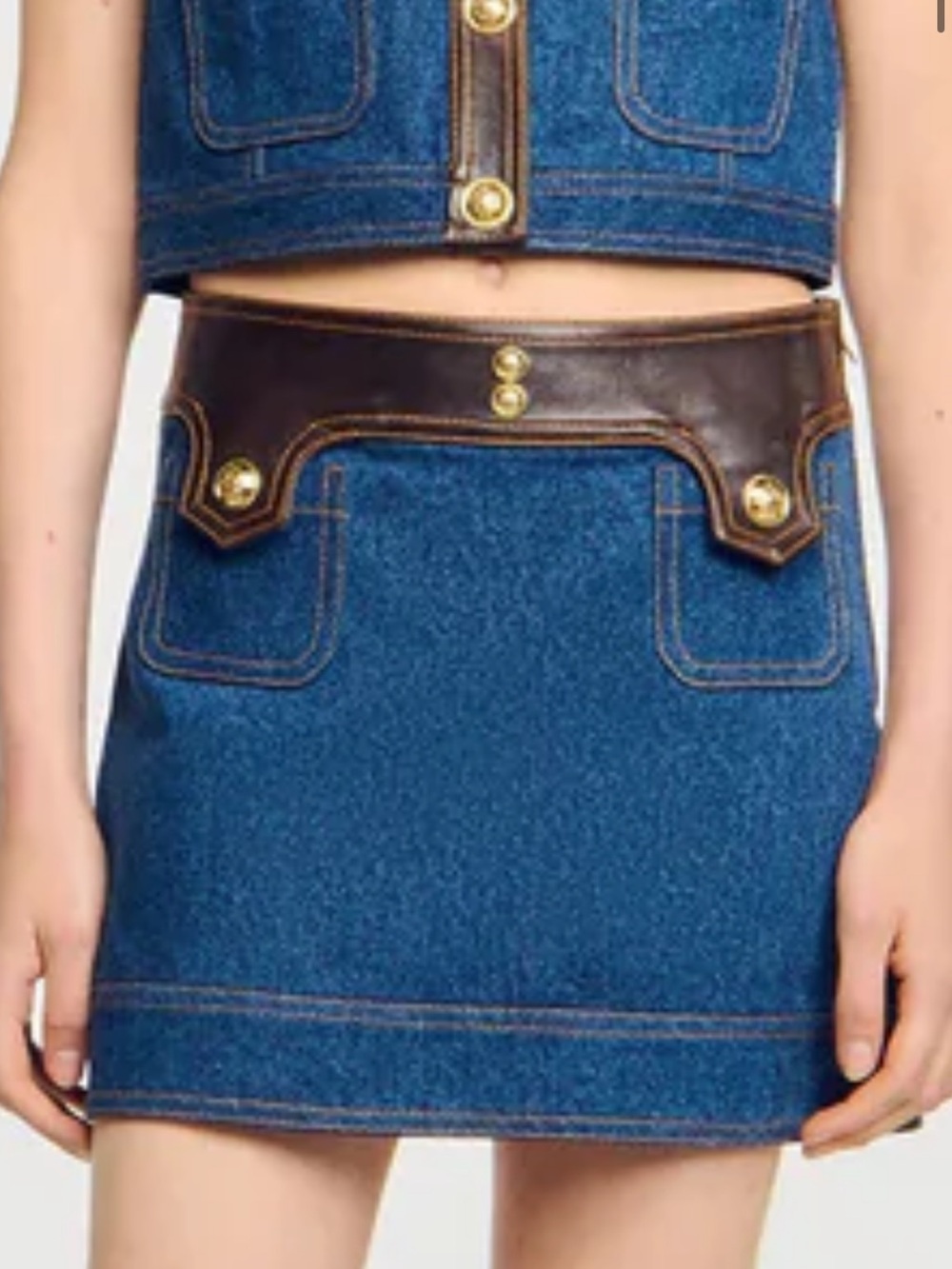 SANDRO SEATTLE SHORT DENIM LEATHER SKIRT DARK BLUE JEAN BROWN 40 gold button 8